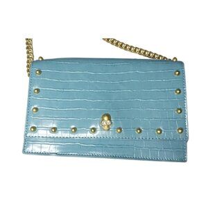 LIKE DREAMS Turquoise Croco Embossed & Skull Studded Crossbody Handbag Clutch